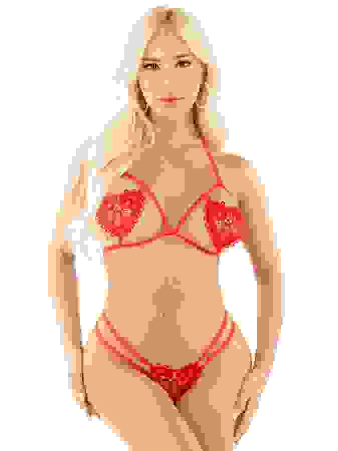 Leg Avenue Red Heart Open-Cup Bra and Pearl G-String, Red, hi-res
